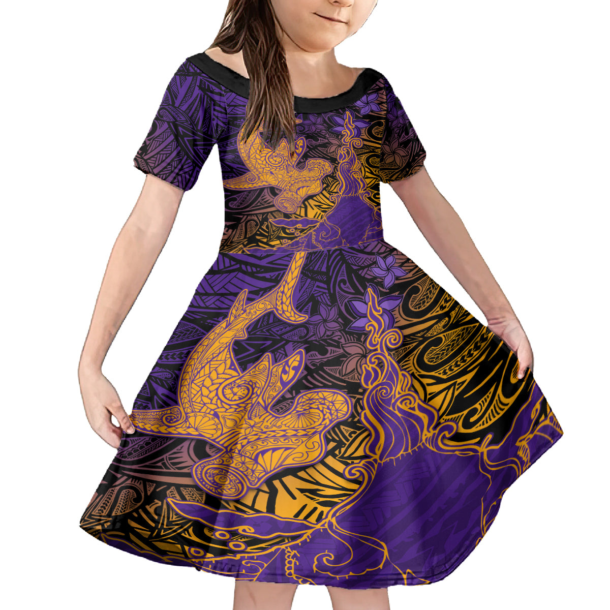 Hawaiian Volcano and Shark Kid Short Sleeve Dress Polynesian and Hibiscus Pattern Purple Yellow Gradient