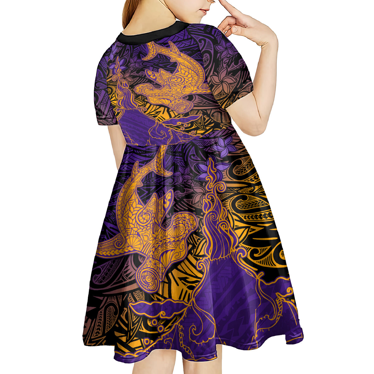 Hawaiian Volcano and Shark Kid Short Sleeve Dress Polynesian and Hibiscus Pattern Purple Yellow Gradient