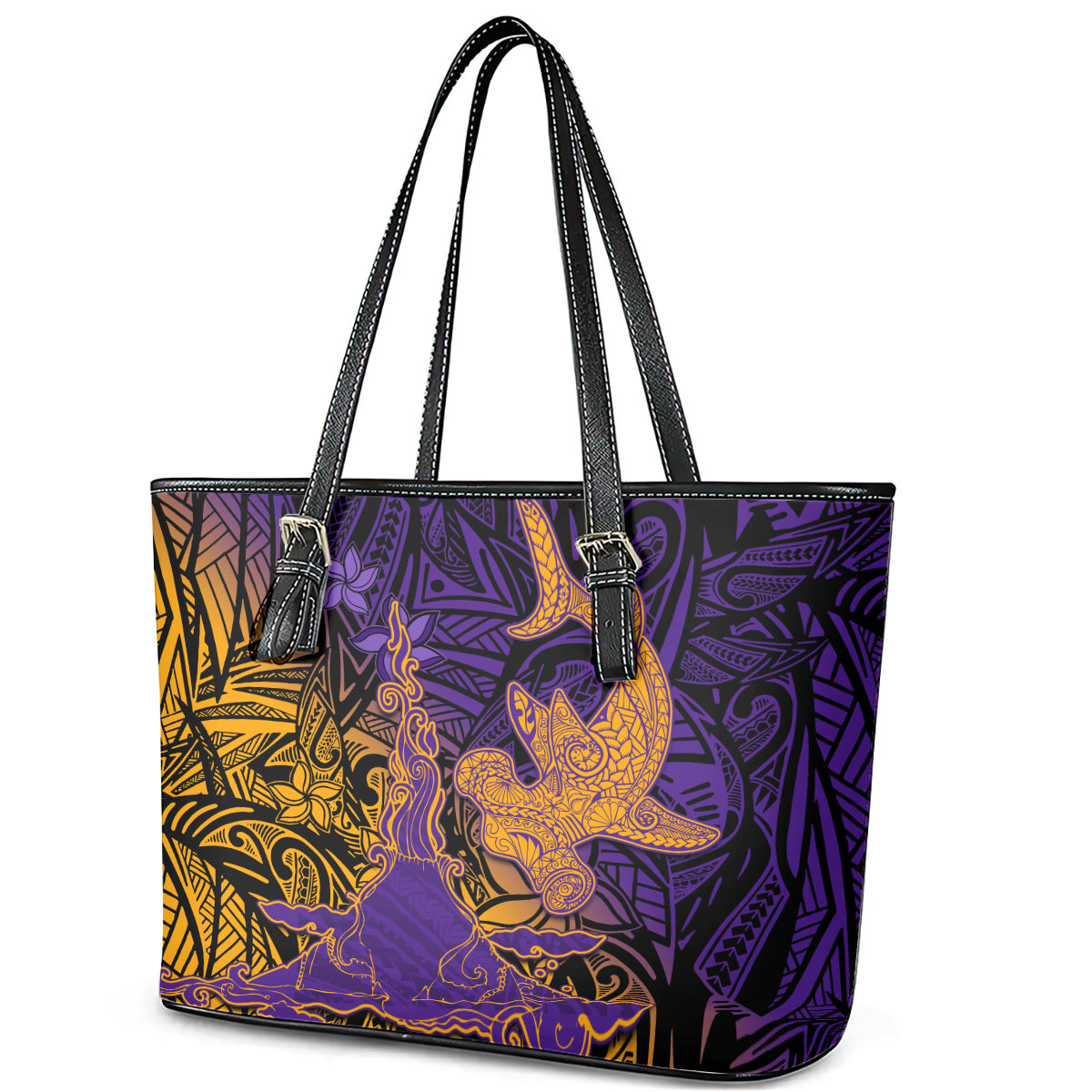 Hawaiian Volcano and Shark Leather Tote Bag Polynesian and Hibiscus Pattern Purple Yellow Gradient