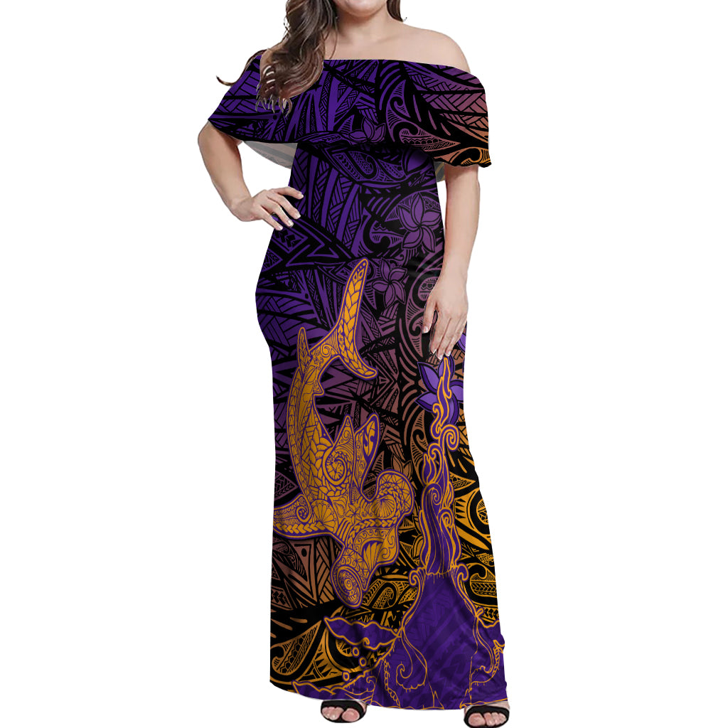 Hawaiian Volcano and Shark Off Shoulder Maxi Dress Polynesian and Hibiscus Pattern Purple Yellow Gradient