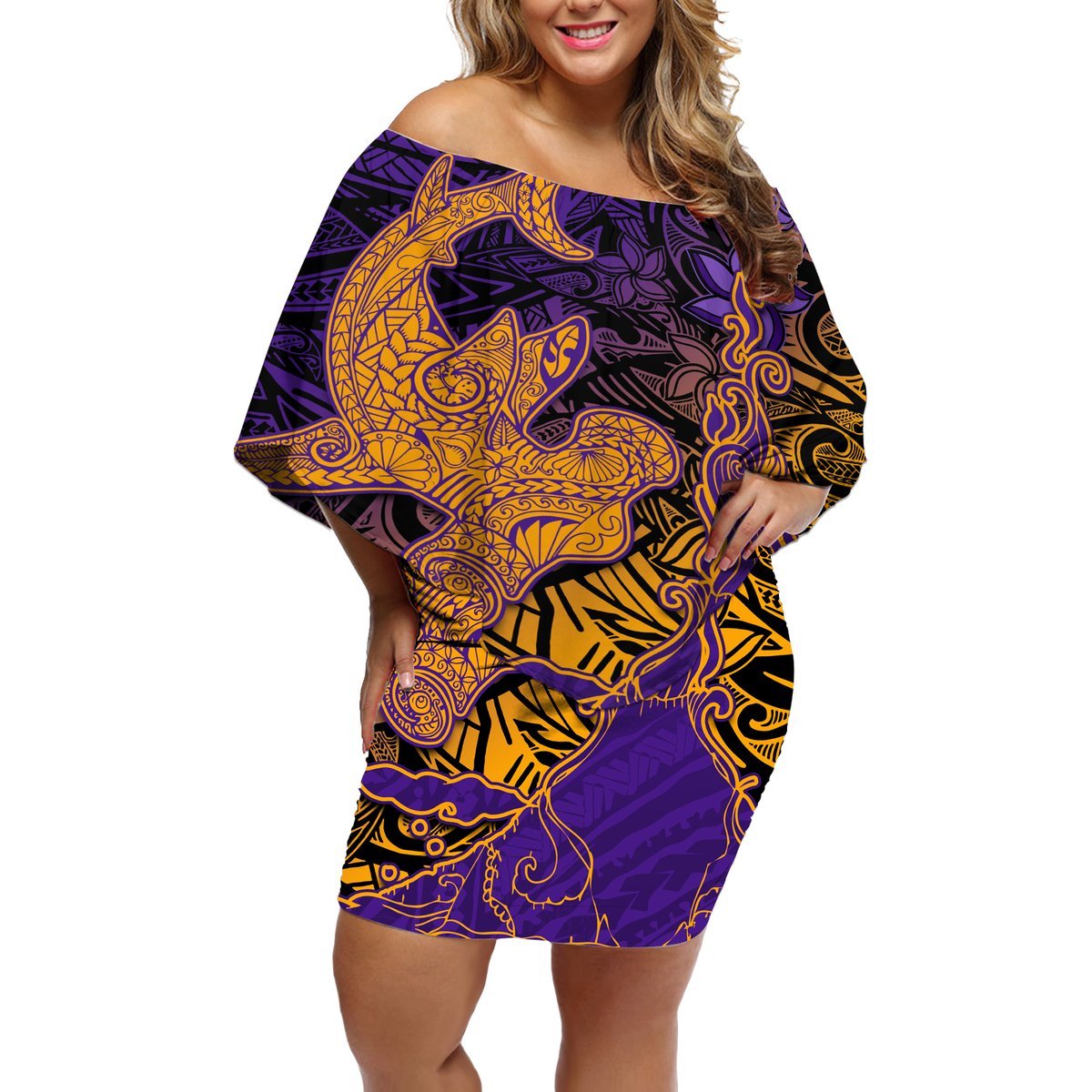Hawaiian Volcano and Shark Off Shoulder Short Dress Polynesian and Hibiscus Pattern Purple Yellow Gradient LT03 Women Purple - Polynesian Pride