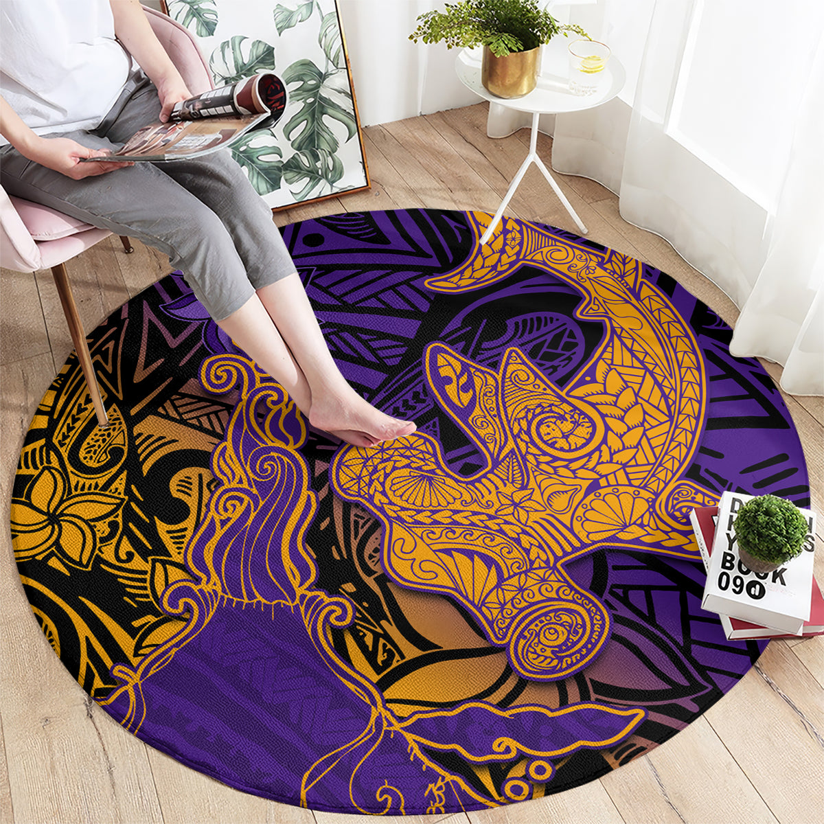 Hawaiian Volcano and Shark Round Carpet Polynesian and Hibiscus Pattern Purple Yellow Gradient