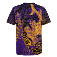 Hawaiian Volcano and Shark Rugby Jersey Polynesian and Hibiscus Pattern Purple Yellow Gradient