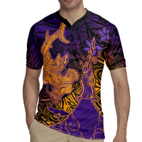 Hawaiian Volcano and Shark Rugby Jersey Polynesian and Hibiscus Pattern Purple Yellow Gradient