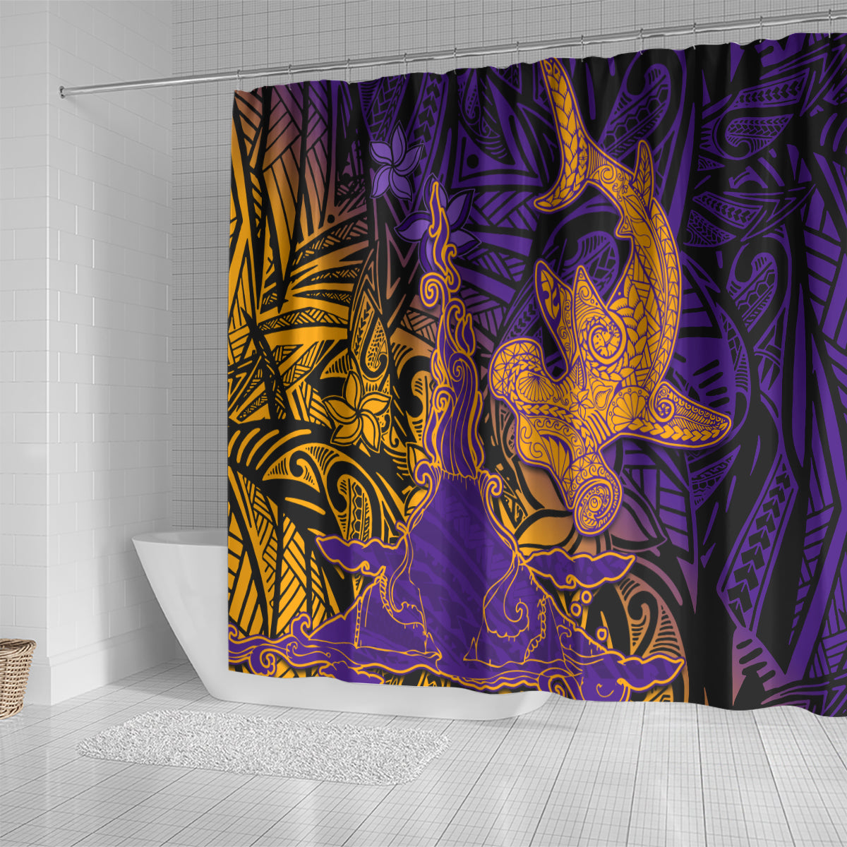 Hawaiian Volcano and Shark Shower Curtain Polynesian and Hibiscus Pattern Purple Yellow Gradient