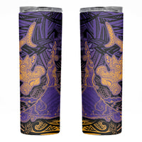 Hawaiian Volcano and Shark Skinny Tumbler Polynesian and Hibiscus Pattern Purple Yellow Gradient
