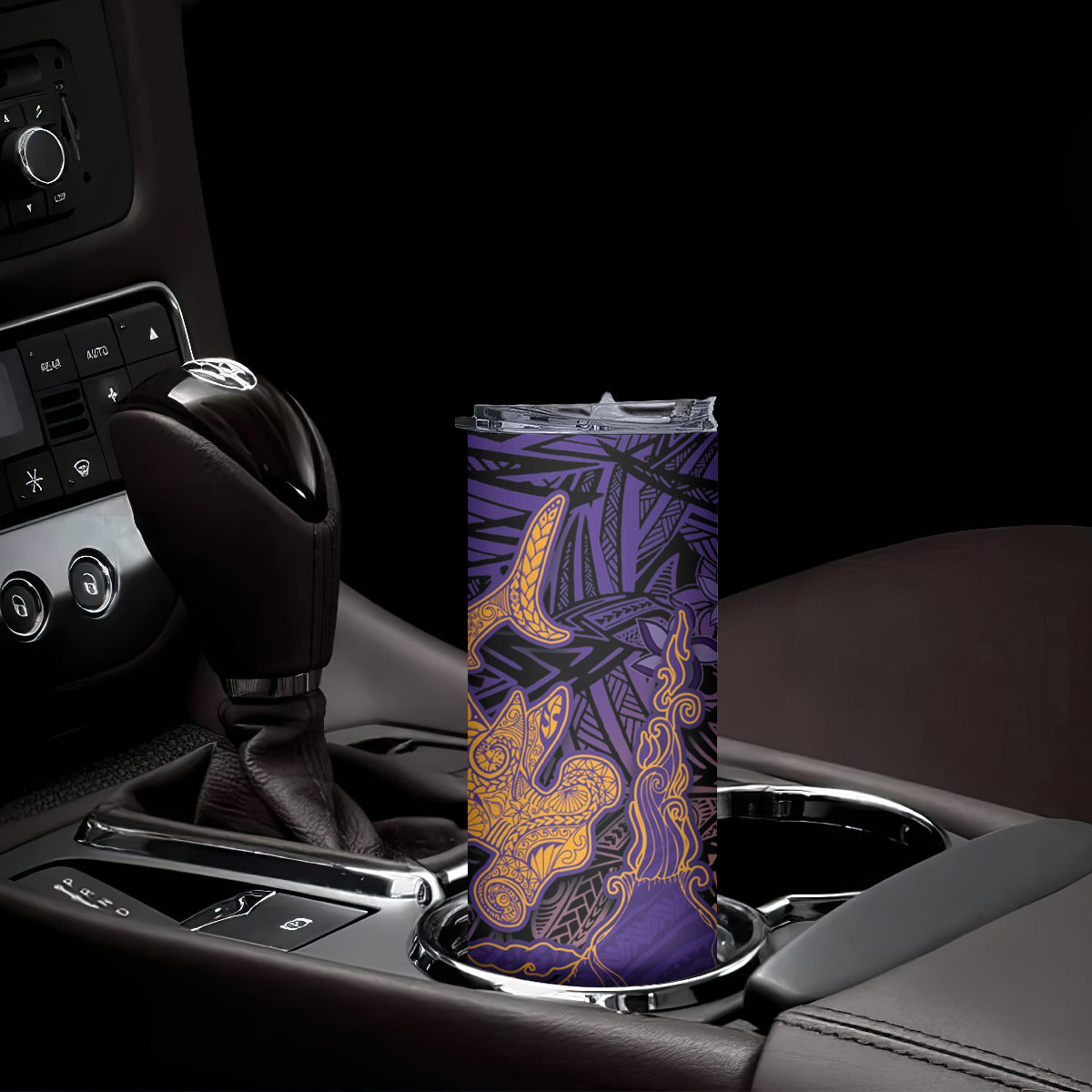 Hawaiian Volcano and Shark Skinny Tumbler Polynesian and Hibiscus Pattern Purple Yellow Gradient
