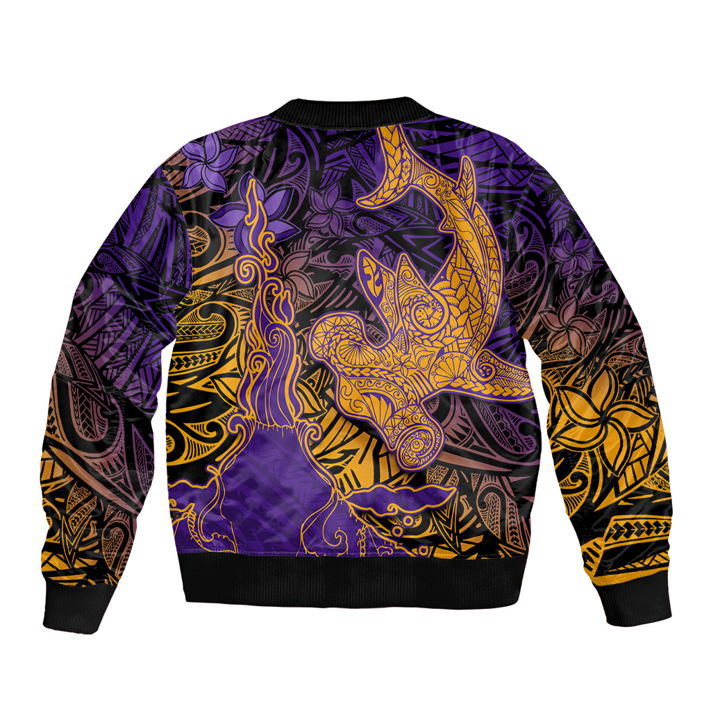 Hawaiian Volcano and Shark Sleeve Zip Bomber Jacket Polynesian and Hibiscus Pattern Purple Yellow Gradient