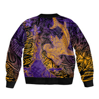 Hawaiian Volcano and Shark Sleeve Zip Bomber Jacket Polynesian and Hibiscus Pattern Purple Yellow Gradient