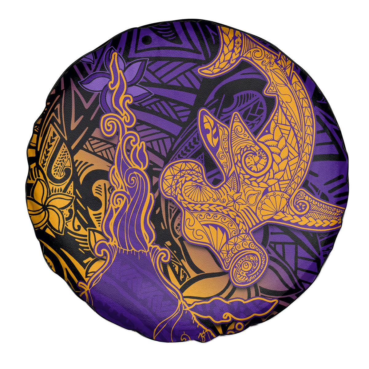 Hawaiian Volcano and Shark Spare Tire Cover Polynesian and Hibiscus Pattern Purple Yellow Gradient