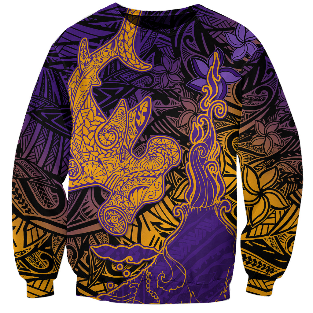 Hawaiian Volcano and Shark Sweatshirt Polynesian and Hibiscus Pattern Purple Yellow Gradient