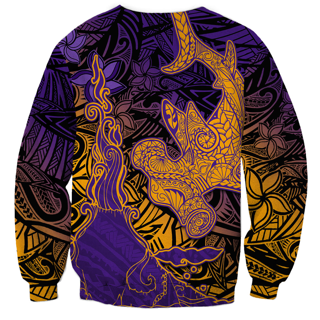 Hawaiian Volcano and Shark Sweatshirt Polynesian and Hibiscus Pattern Purple Yellow Gradient