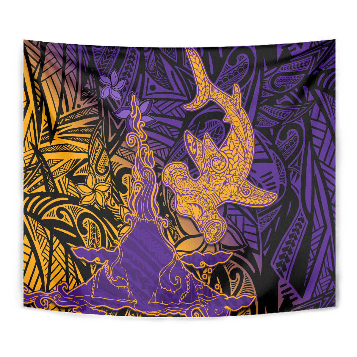 Hawaiian Volcano and Shark Tapestry Polynesian and Hibiscus Pattern Purple Yellow Gradient