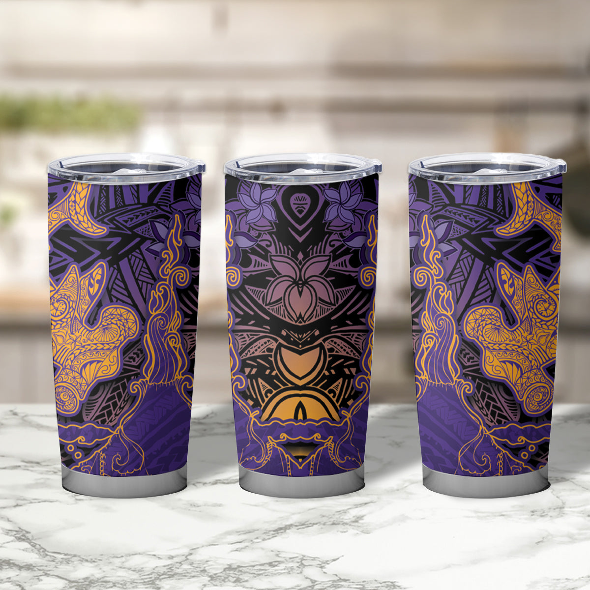 Hawaiian Volcano and Shark Tumbler Cup Polynesian and Hibiscus Pattern Purple Yellow Gradient