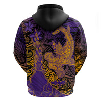 Hawaiian Volcano and Shark Zip Hoodie Polynesian and Hibiscus Pattern Purple Yellow Gradient