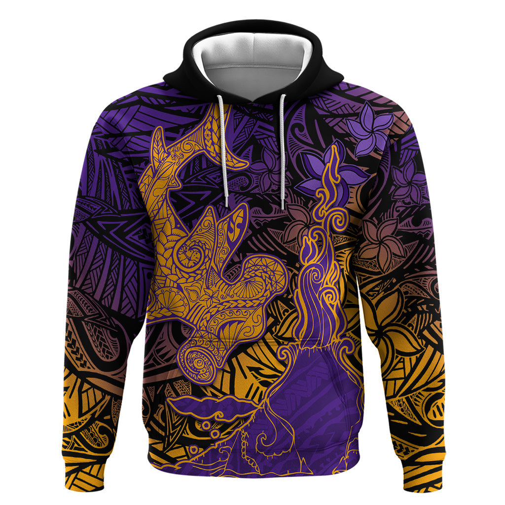 Hawaiian Volcano and Shark Zip Hoodie Polynesian and Hibiscus Pattern Purple Yellow Gradient