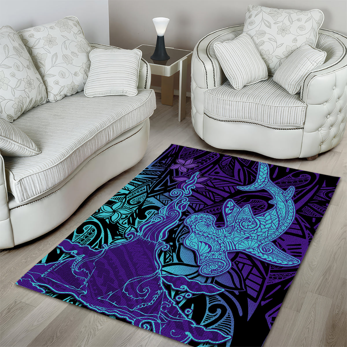 Hawaiian Volcano and Shark Area Rug Polynesian and Hibiscus Pattern Purple Cyan Gradient