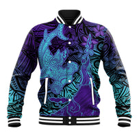 Hawaiian Volcano and Shark Baseball Jacket Polynesian and Hibiscus Pattern Purple Cyan Gradient
