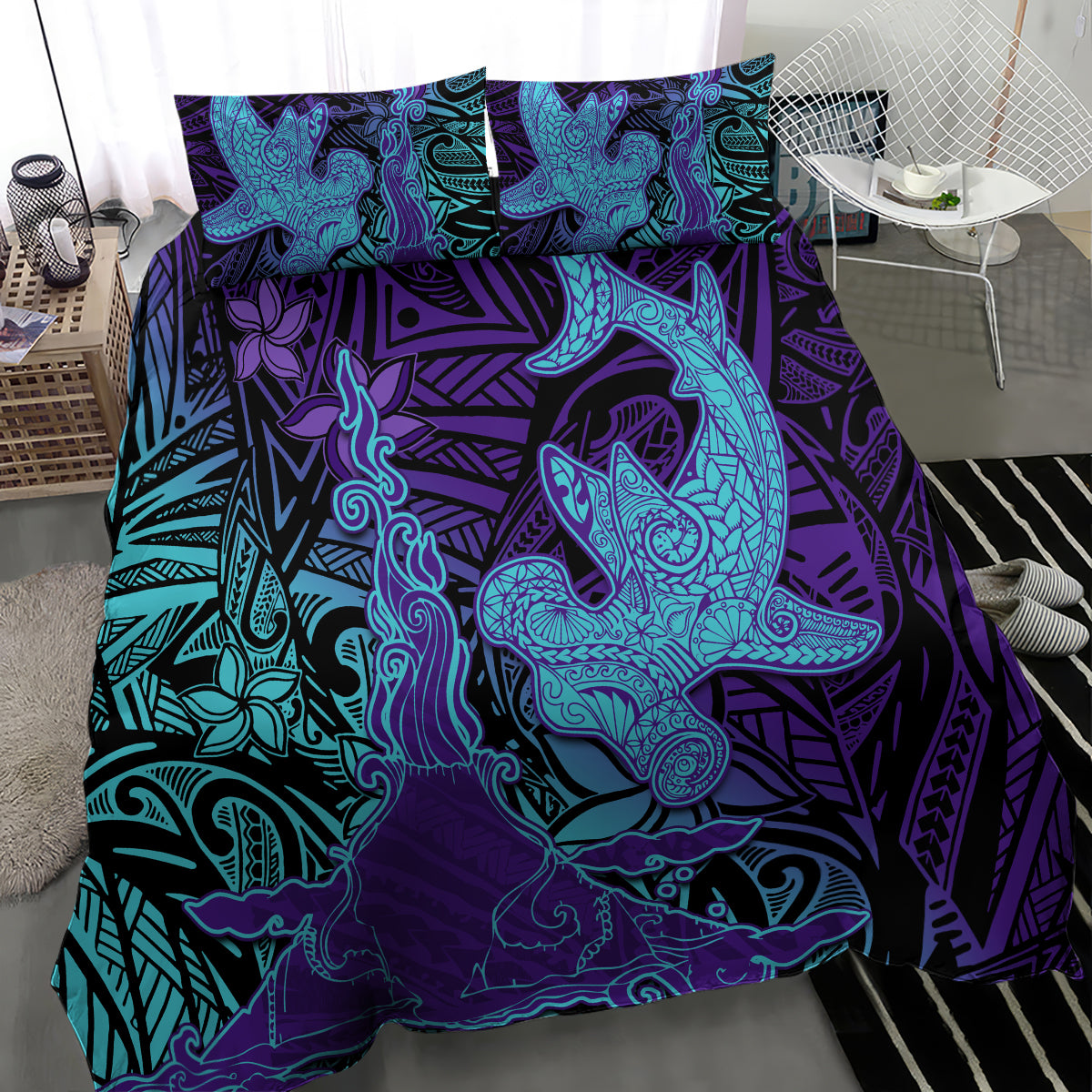 Hawaiian Volcano and Shark Bedding Set Polynesian and Hibiscus Pattern Purple Cyan Gradient