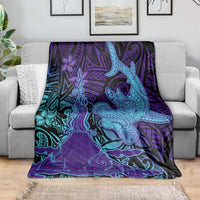 Hawaiian Volcano and Shark Blanket Polynesian and Hibiscus Pattern Purple Cyan Gradient