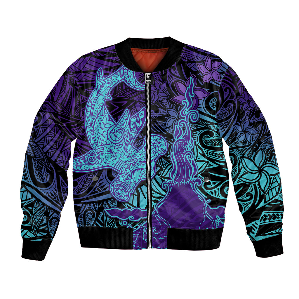 Hawaiian Volcano and Shark Bomber Jacket Polynesian and Hibiscus Pattern Purple Cyan Gradient