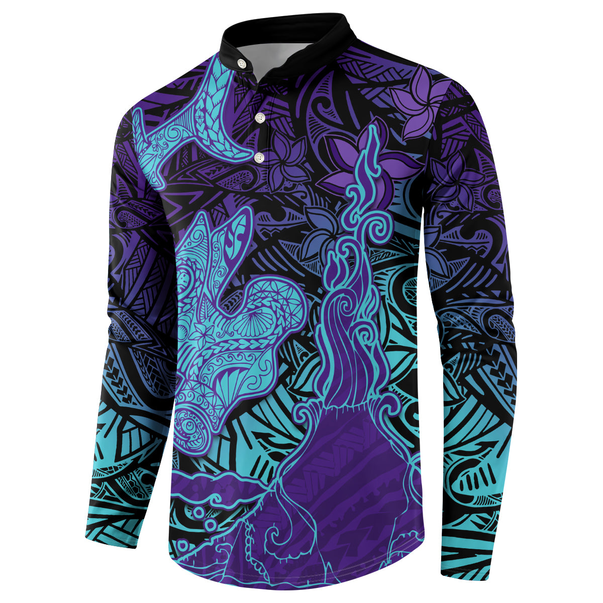 Hawaiian Volcano and Shark Button Sweatshirt Polynesian and Hibiscus Pattern Purple Cyan Gradient