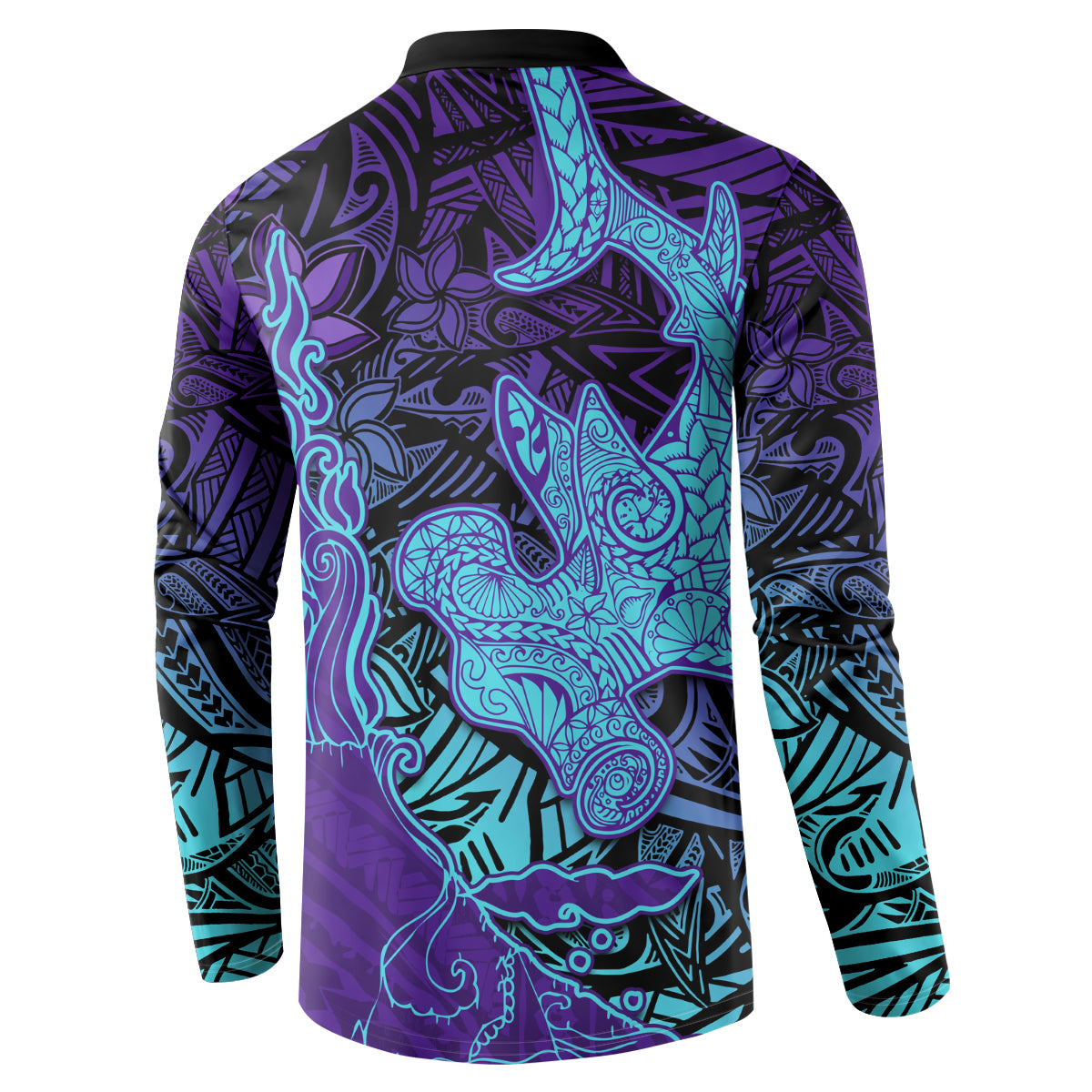 Hawaiian Volcano and Shark Button Sweatshirt Polynesian and Hibiscus Pattern Purple Cyan Gradient