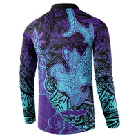 Hawaiian Volcano and Shark Button Sweatshirt Polynesian and Hibiscus Pattern Purple Cyan Gradient