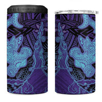 Hawaiian Volcano and Shark 4 in 1 Can Cooler Tumbler Polynesian and Hibiscus Pattern Purple Cyan Gradient