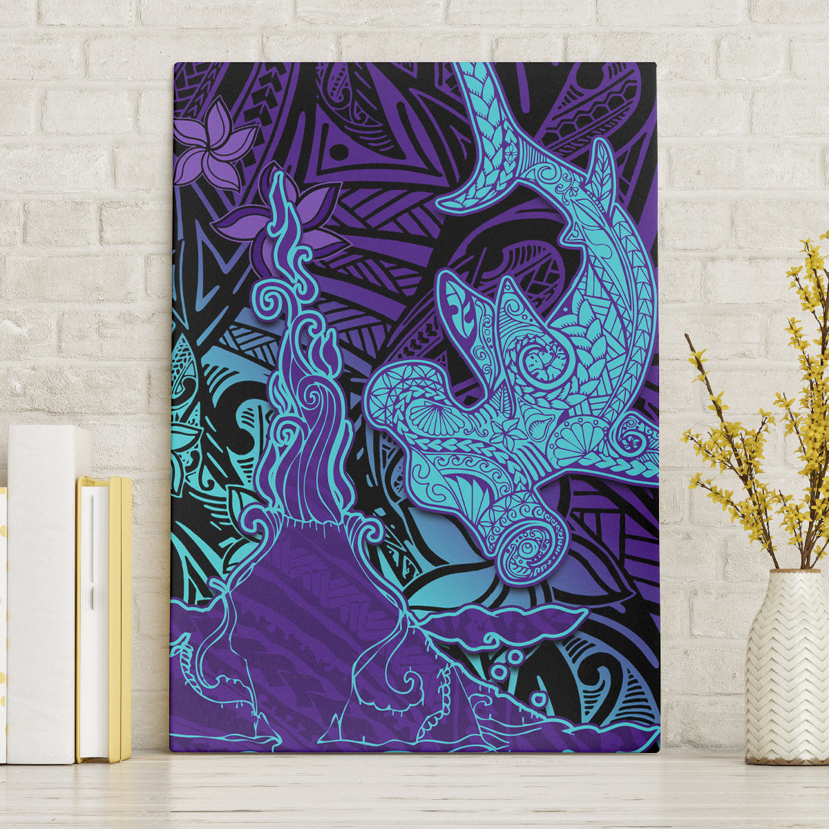 Hawaiian Volcano and Shark Canvas Wall Art Polynesian and Hibiscus Pattern Purple Cyan Gradient