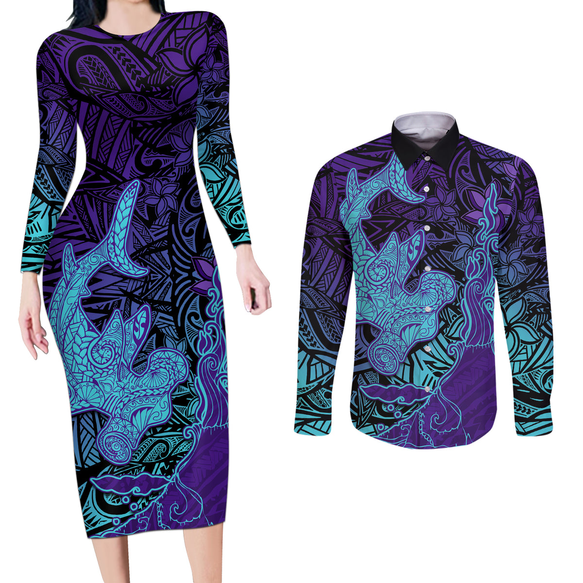 Hawaiian Volcano and Shark Couples Matching Long Sleeve Bodycon Dress and Long Sleeve Button Shirt Polynesian and Hibiscus Pattern Purple Cyan Gradient