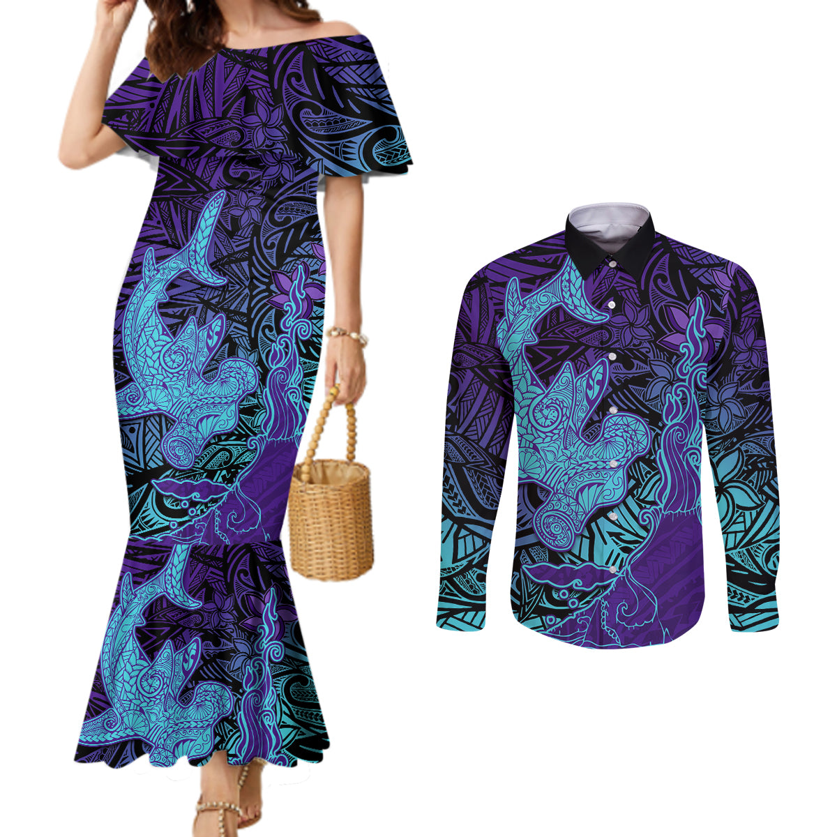 Hawaiian Volcano and Shark Couples Matching Mermaid Dress and Long Sleeve Button Shirt Polynesian and Hibiscus Pattern Purple Cyan Gradient