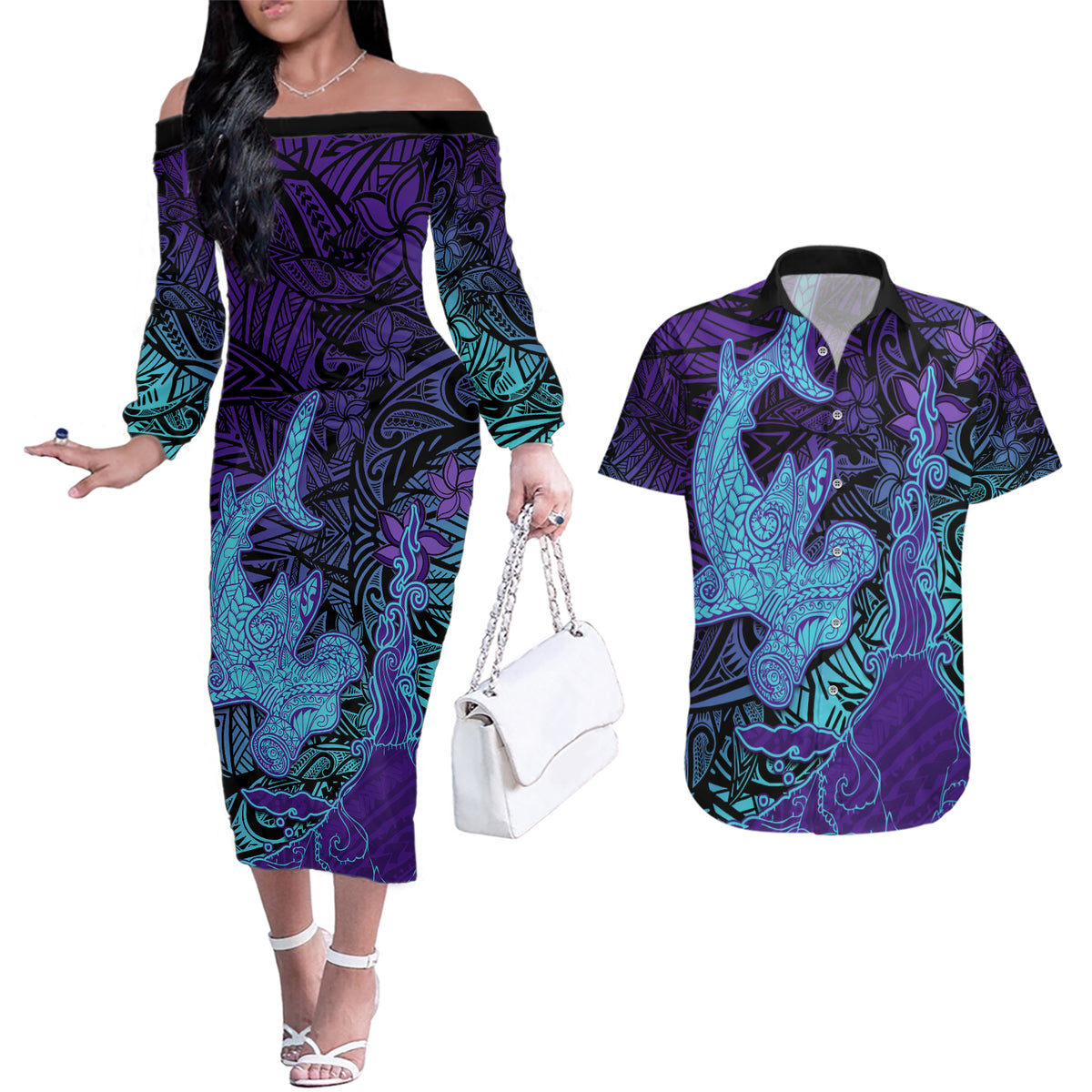 Hawaiian Volcano and Shark Couples Matching Off The Shoulder Long Sleeve Dress and Hawaiian Shirt Polynesian and Hibiscus Pattern Purple Cyan Gradient