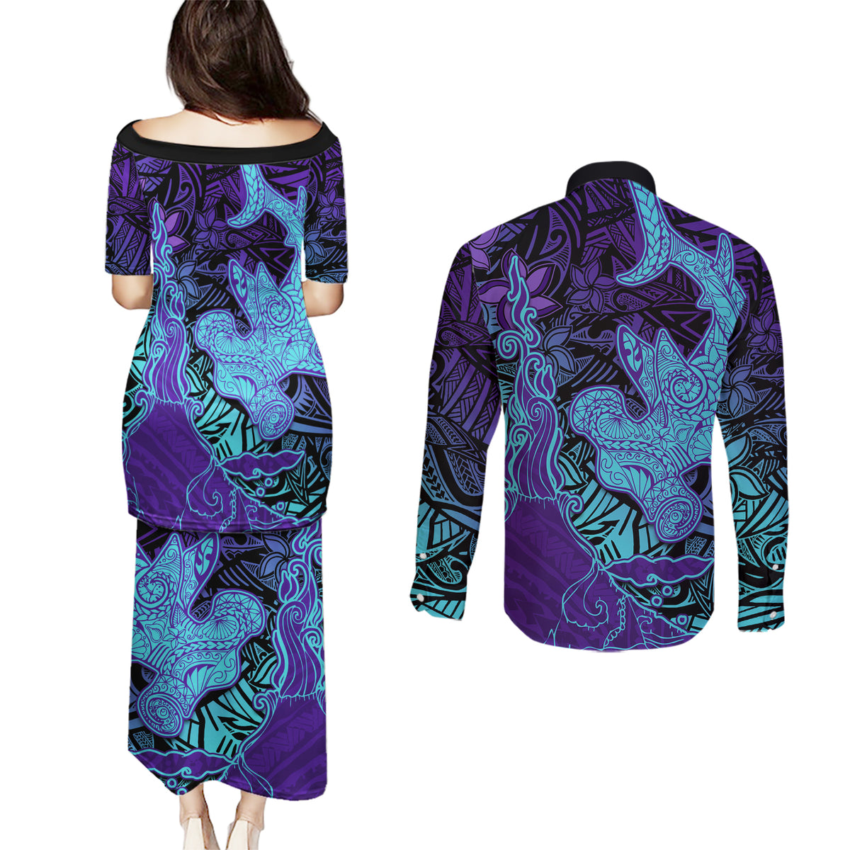 Hawaiian Volcano and Shark Couples Matching Puletasi and Long Sleeve Button Shirt Polynesian and Hibiscus Pattern Purple Cyan Gradient