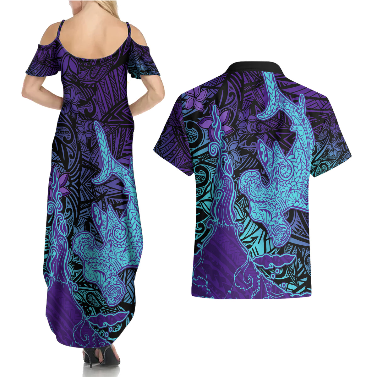 Hawaiian Volcano and Shark Couples Matching Summer Maxi Dress and Hawaiian Shirt Polynesian and Hibiscus Pattern Purple Cyan Gradient