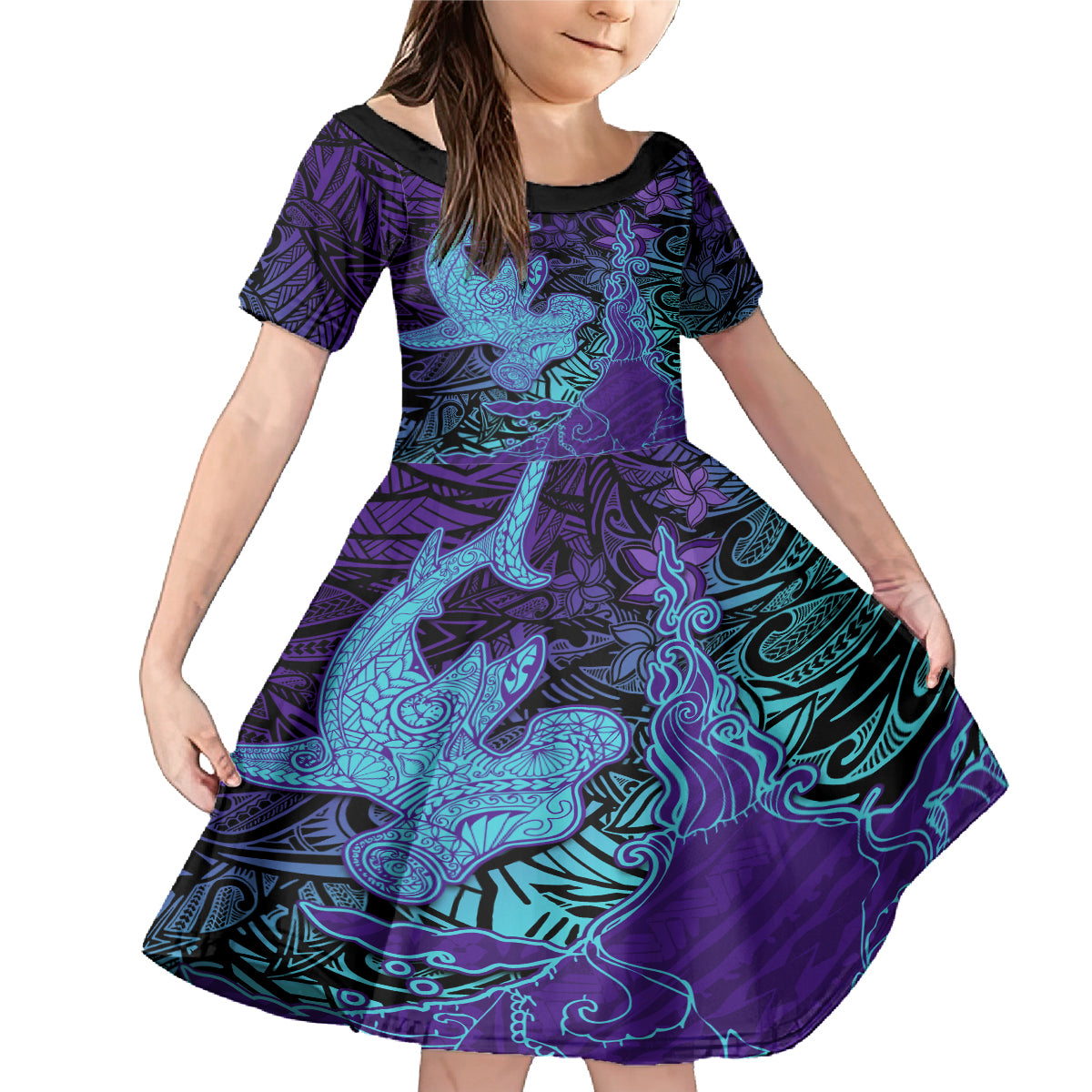 Hawaiian Volcano and Shark Family Matching Mermaid Dress and Hawaiian Shirt Polynesian and Hibiscus Pattern Purple Cyan Gradient