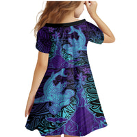 Hawaiian Volcano and Shark Family Matching Mermaid Dress and Hawaiian Shirt Polynesian and Hibiscus Pattern Purple Cyan Gradient