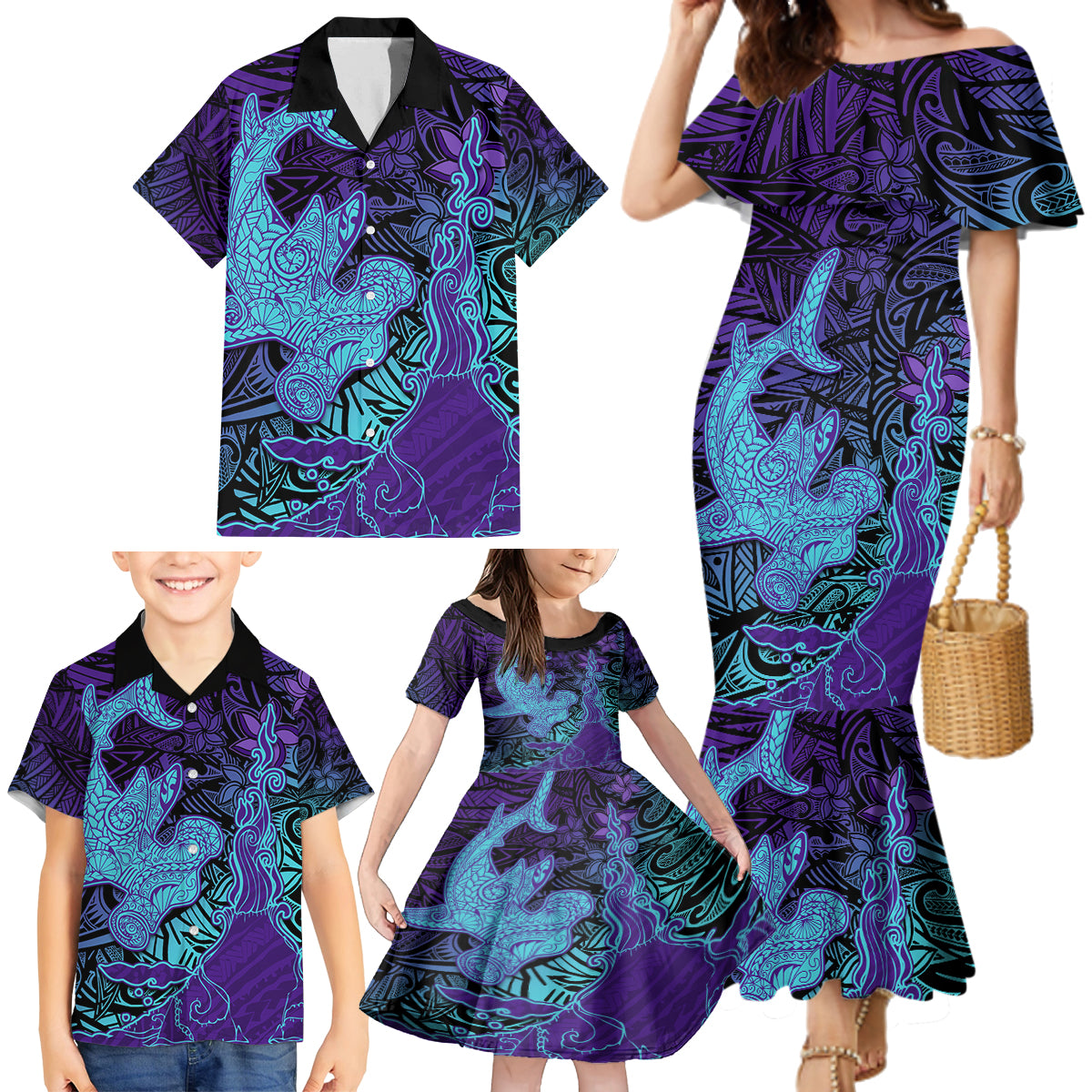 Hawaiian Volcano and Shark Family Matching Mermaid Dress and Hawaiian Shirt Polynesian and Hibiscus Pattern Purple Cyan Gradient