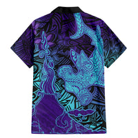 Hawaiian Volcano and Shark Family Matching Mermaid Dress and Hawaiian Shirt Polynesian and Hibiscus Pattern Purple Cyan Gradient