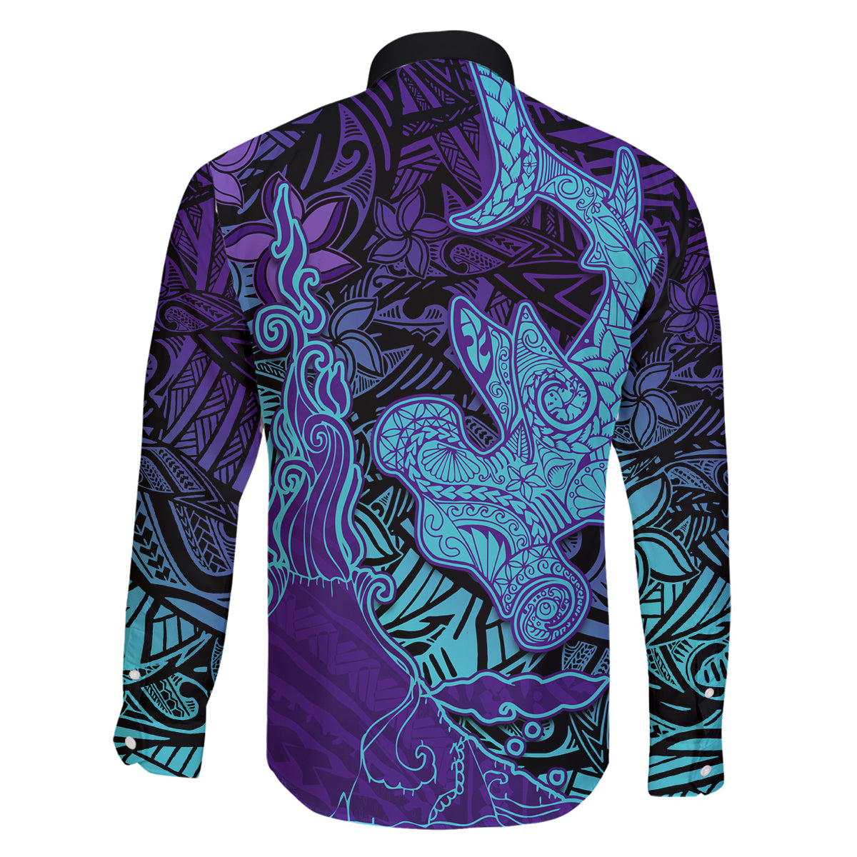 Hawaiian Volcano and Shark Family Matching Mermaid Dress and Hawaiian Shirt Polynesian and Hibiscus Pattern Purple Cyan Gradient