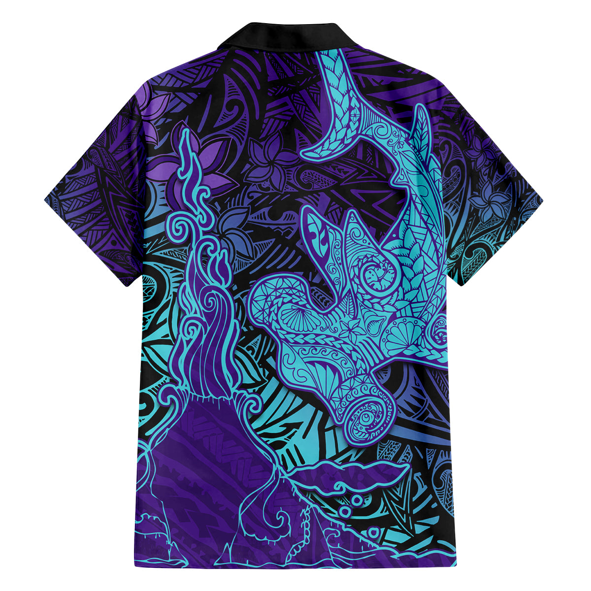 Hawaiian Volcano and Shark Family Matching Off The Shoulder Long Sleeve Dress and Hawaiian Shirt Polynesian and Hibiscus Pattern Purple Cyan Gradient