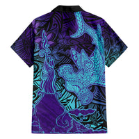 Hawaiian Volcano and Shark Family Matching Tank Maxi Dress and Hawaiian Shirt Polynesian and Hibiscus Pattern Purple Cyan Gradient