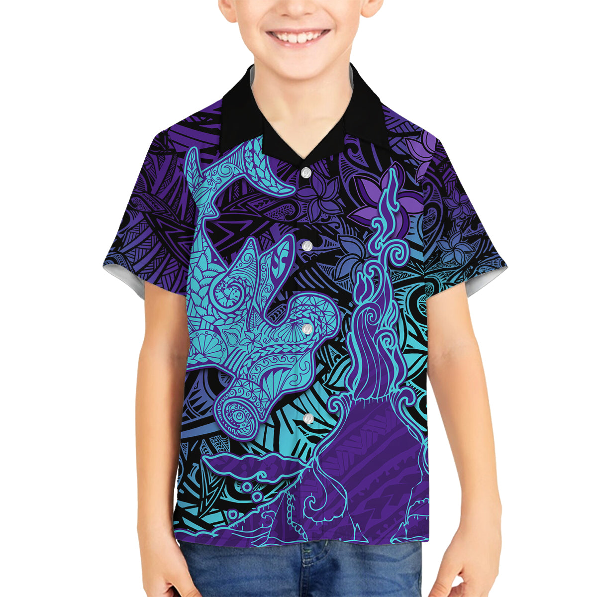 Hawaiian Volcano and Shark Family Matching Tank Maxi Dress and Hawaiian Shirt Polynesian and Hibiscus Pattern Purple Cyan Gradient