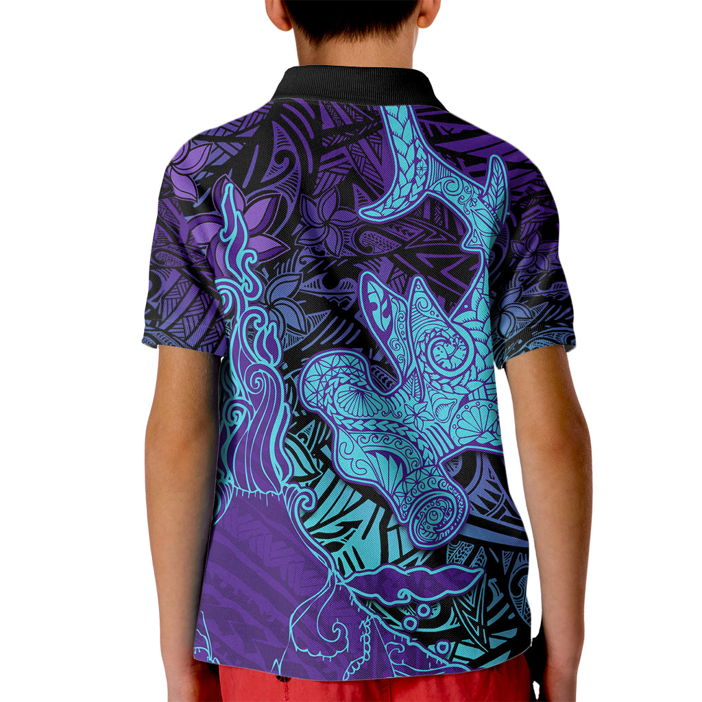 Hawaiian Volcano and Shark Kid Polo Shirt Polynesian and Hibiscus Pattern Purple Cyan Gradient