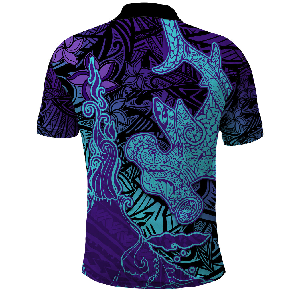 Hawaiian Volcano and Shark Polo Shirt Polynesian and Hibiscus Pattern Purple Cyan Gradient