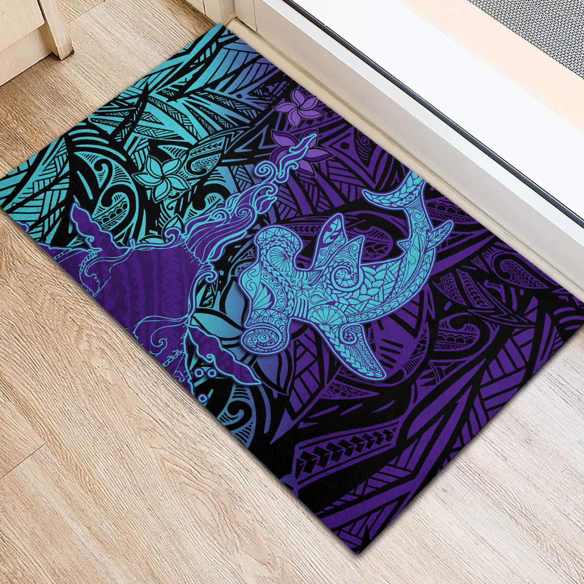 Hawaiian Volcano and Shark Rubber Doormat Polynesian and Hibiscus Pattern Purple Cyan Gradient