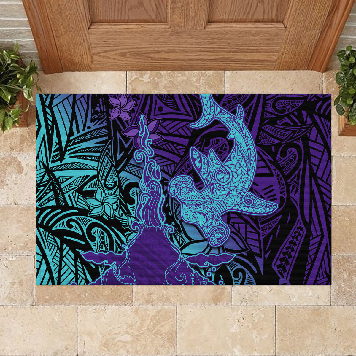 Hawaiian Volcano and Shark Rubber Doormat Polynesian and Hibiscus Pattern Purple Cyan Gradient