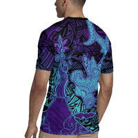 Hawaiian Volcano and Shark Rugby Jersey Polynesian and Hibiscus Pattern Purple Cyan Gradient
