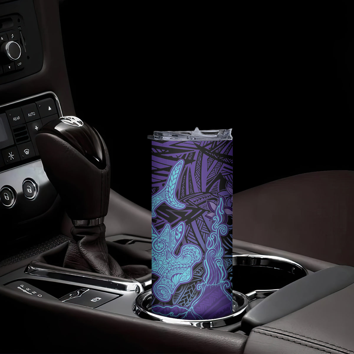 Hawaiian Volcano and Shark Skinny Tumbler Polynesian and Hibiscus Pattern Purple Cyan Gradient