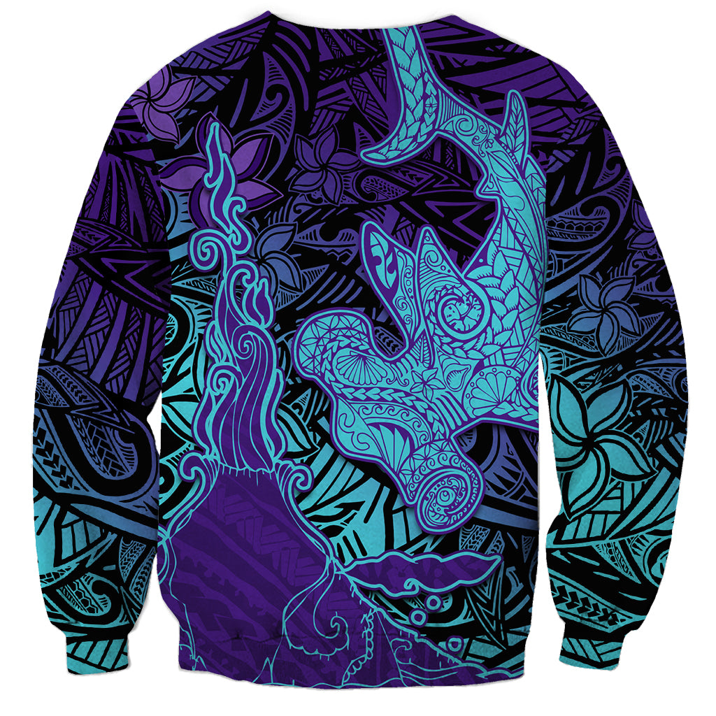 Hawaiian Volcano and Shark Sweatshirt Polynesian and Hibiscus Pattern Purple Cyan Gradient